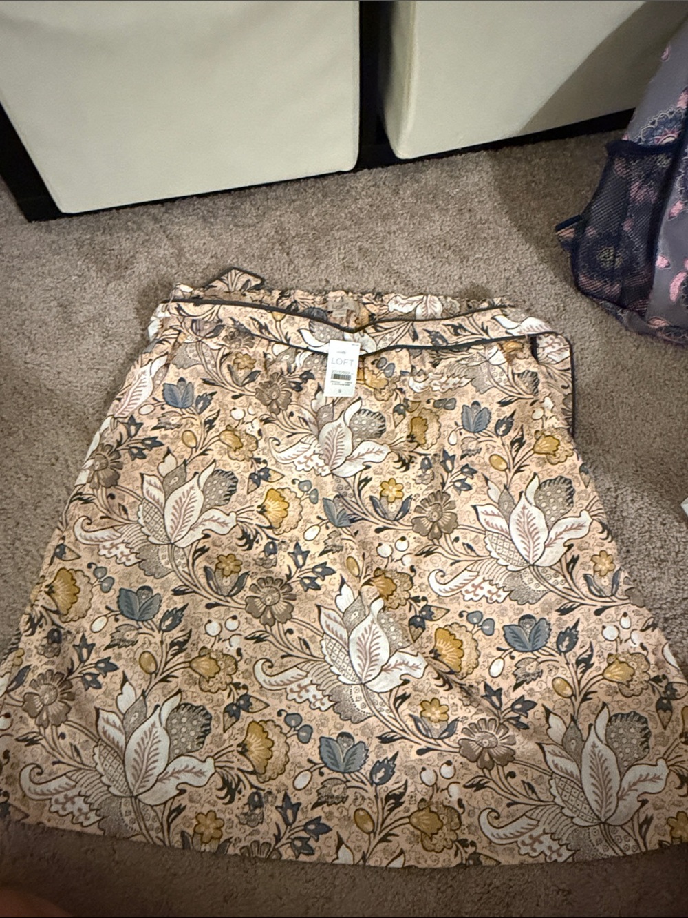 LOFT Floral A-Line Skirt in Beige, Mustard, and Muted Blue